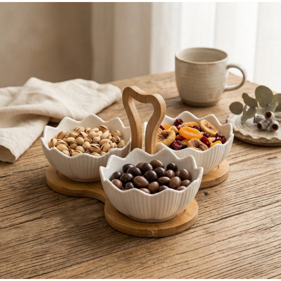 Porcelain Bowl 5.5 Inch Set with Wooden Stand 3 Pcs